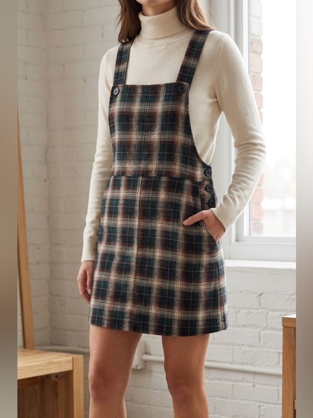 SO Plaid Knit Button Pinafore Dress Size M